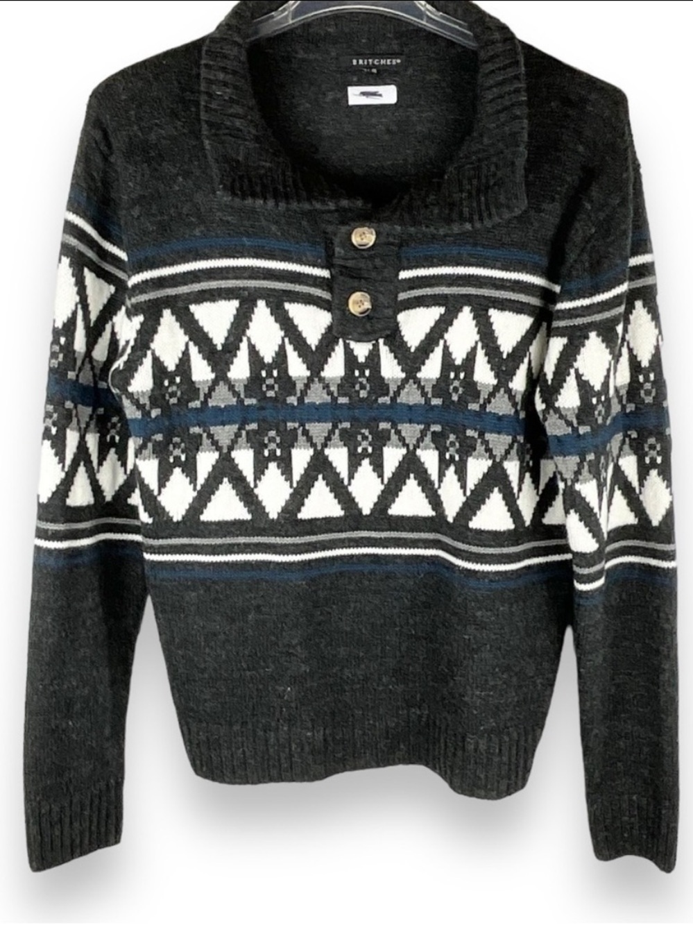 Men’s Wool Sweater Nordic Southwest Geometric Pullover Grey‎ White Blue Size L